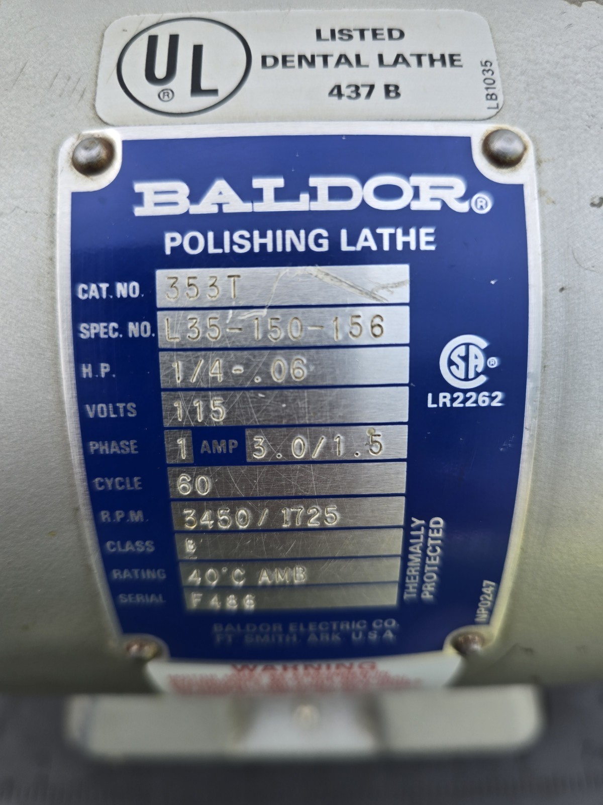 Baldor 353T Polishing Dental Lathe 437B 3450/1725 R.P.M. Slow/Fast HP 1/4-0.6