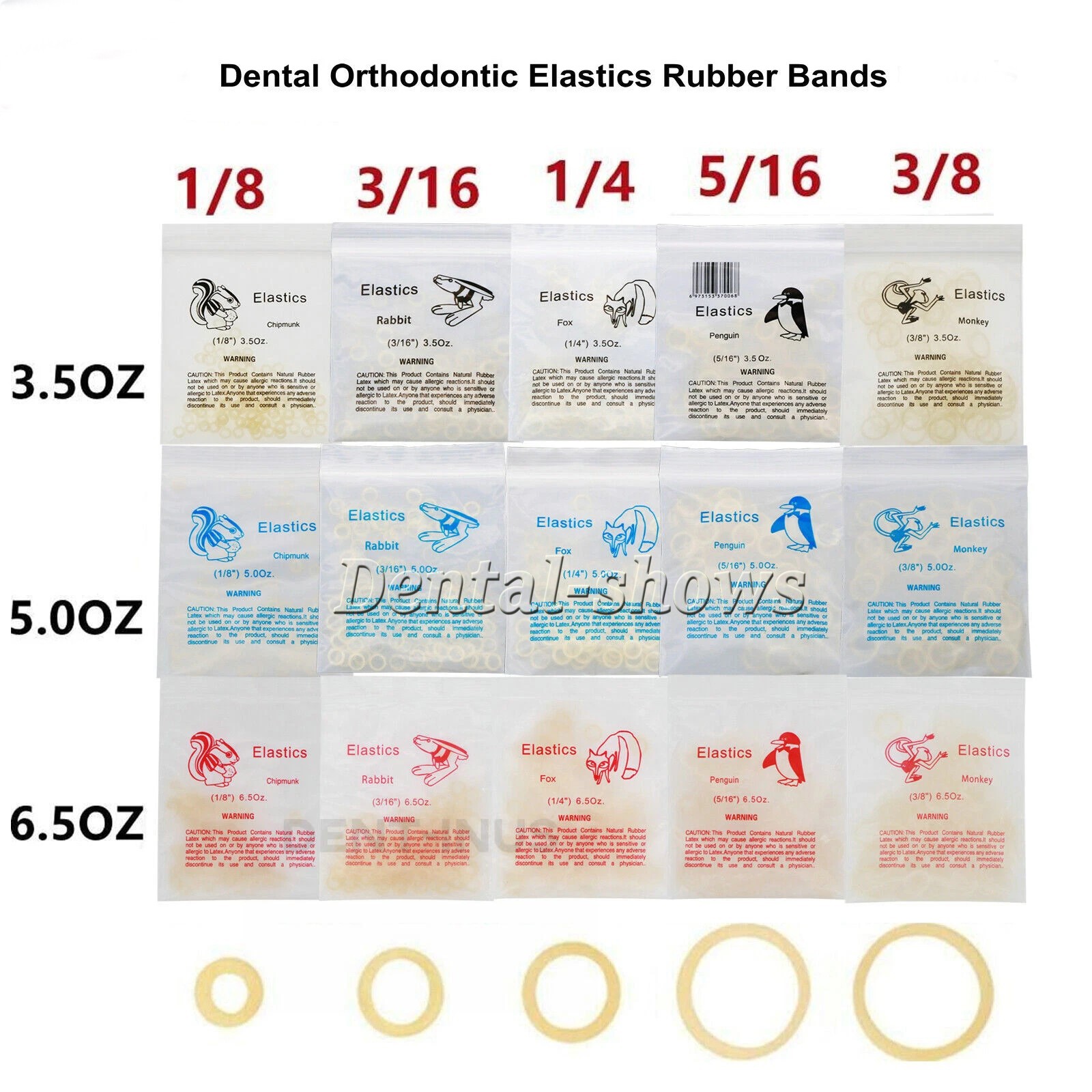 5000pcs Dental Ortho Elastic Rubber Bands 3.5/5.0/6.5 OZ Latex Braces Zoo Pack
