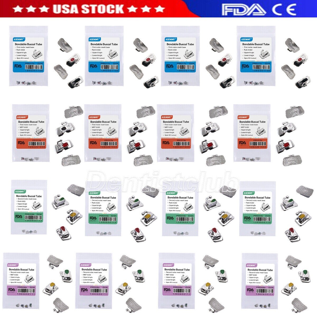 AZDENT Dental Orthodontic Buccal Tubes Bondable Non-Conv 1st /2nd Molar Roth.022