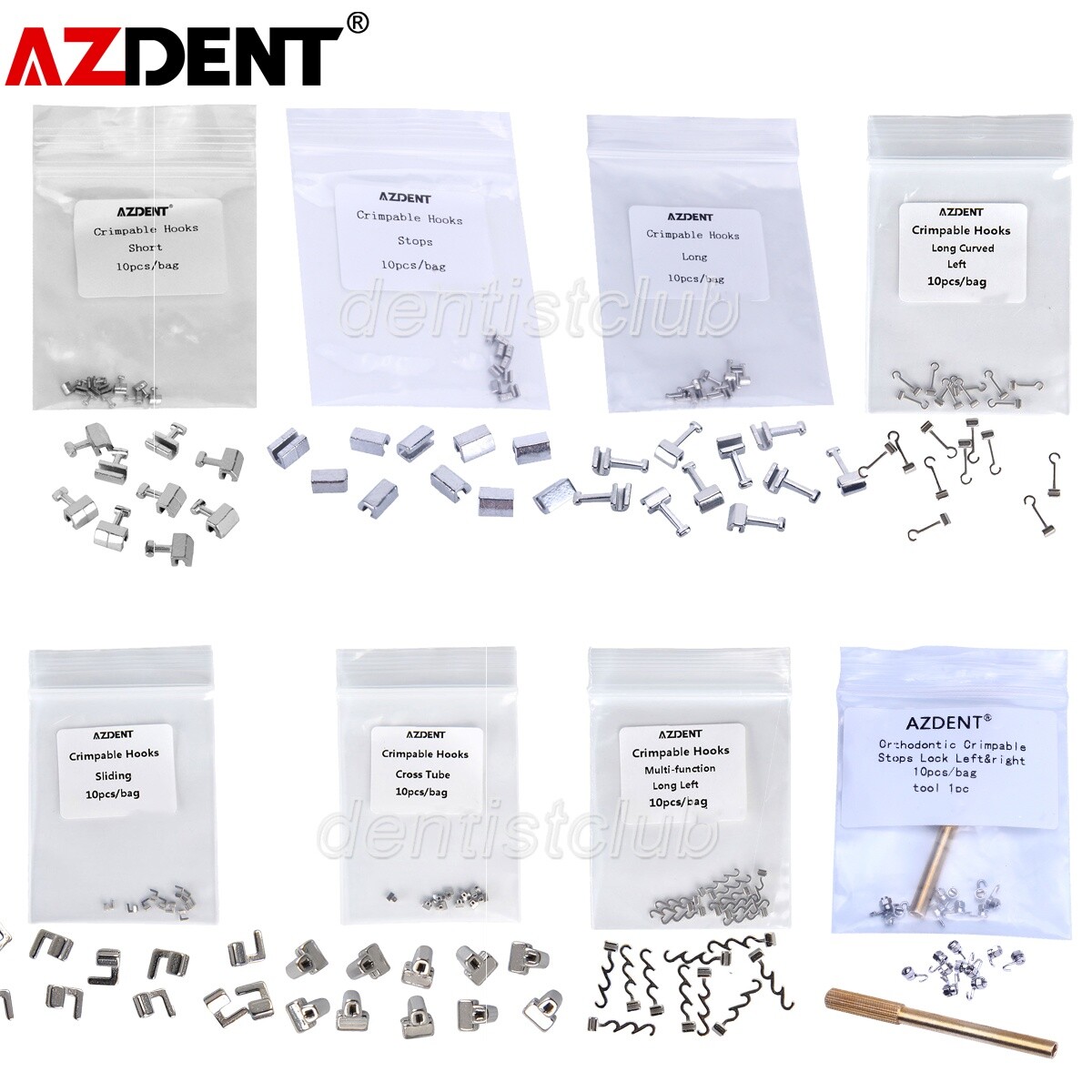 AZDENT Ortho Dental Crimpable Hooks 10pcs/pack Short/Long/Stop/Left/Right/Cross
