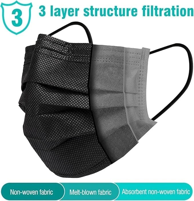 Face Mask 2000PCS Adult Black Disposable Masks 3-Layer Filter Protection