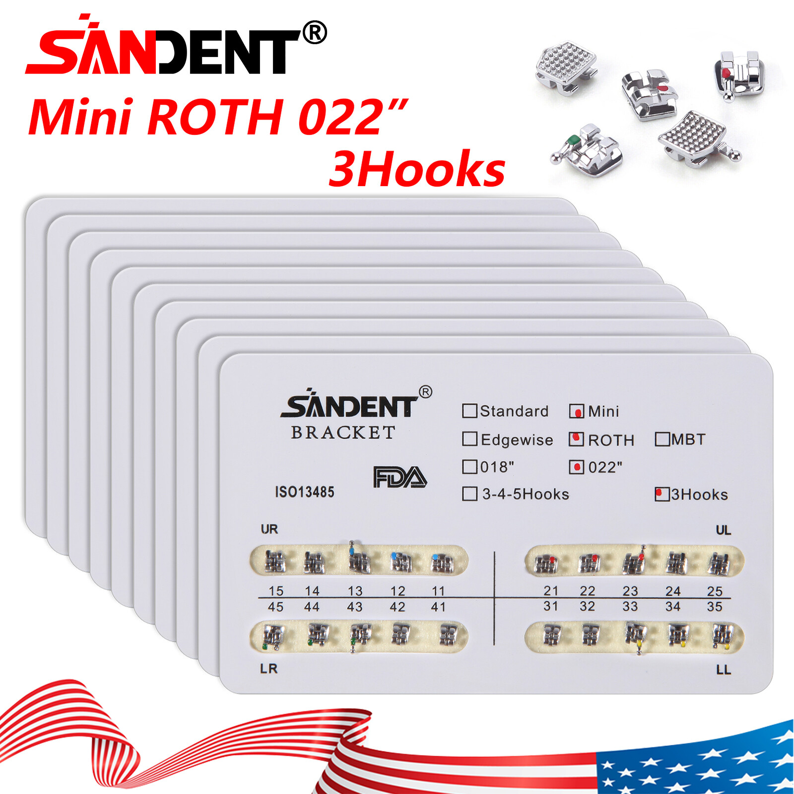 10 bags Dental Orthodontic Braces Bracket Mini Roth 022″Slot w/ 3hooks 200PCS ns