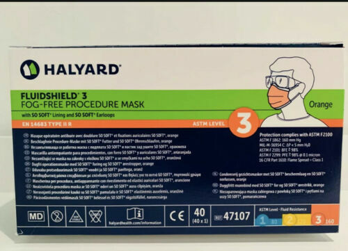 Halyard Health 47107 FluidShield Earloop Level 3 Face Masks Orange 40/Bx