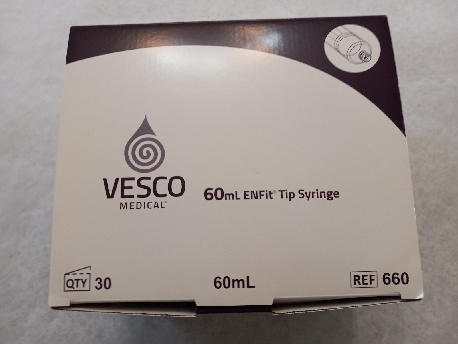 vesco enfit tip 60ml syringes, 30ct/box, New, individually wrapped plunger-type