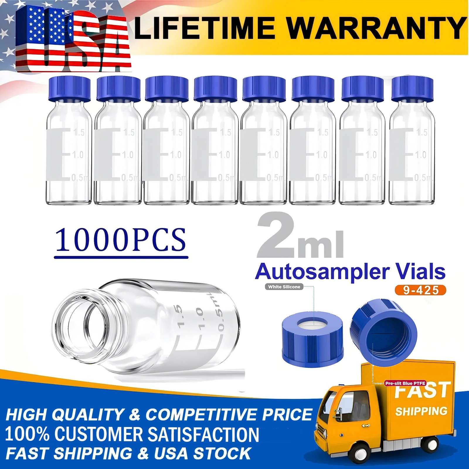 1000x 2ml Autosampler Vials w/ Pre Slit Screw Cap 9-425 HPLC Clear Sample Vials