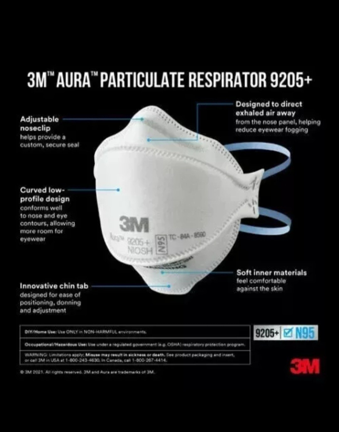 20 Pack 3M Aura 9205+ N95 Particulate Respirator Face Mask NIOSH – White