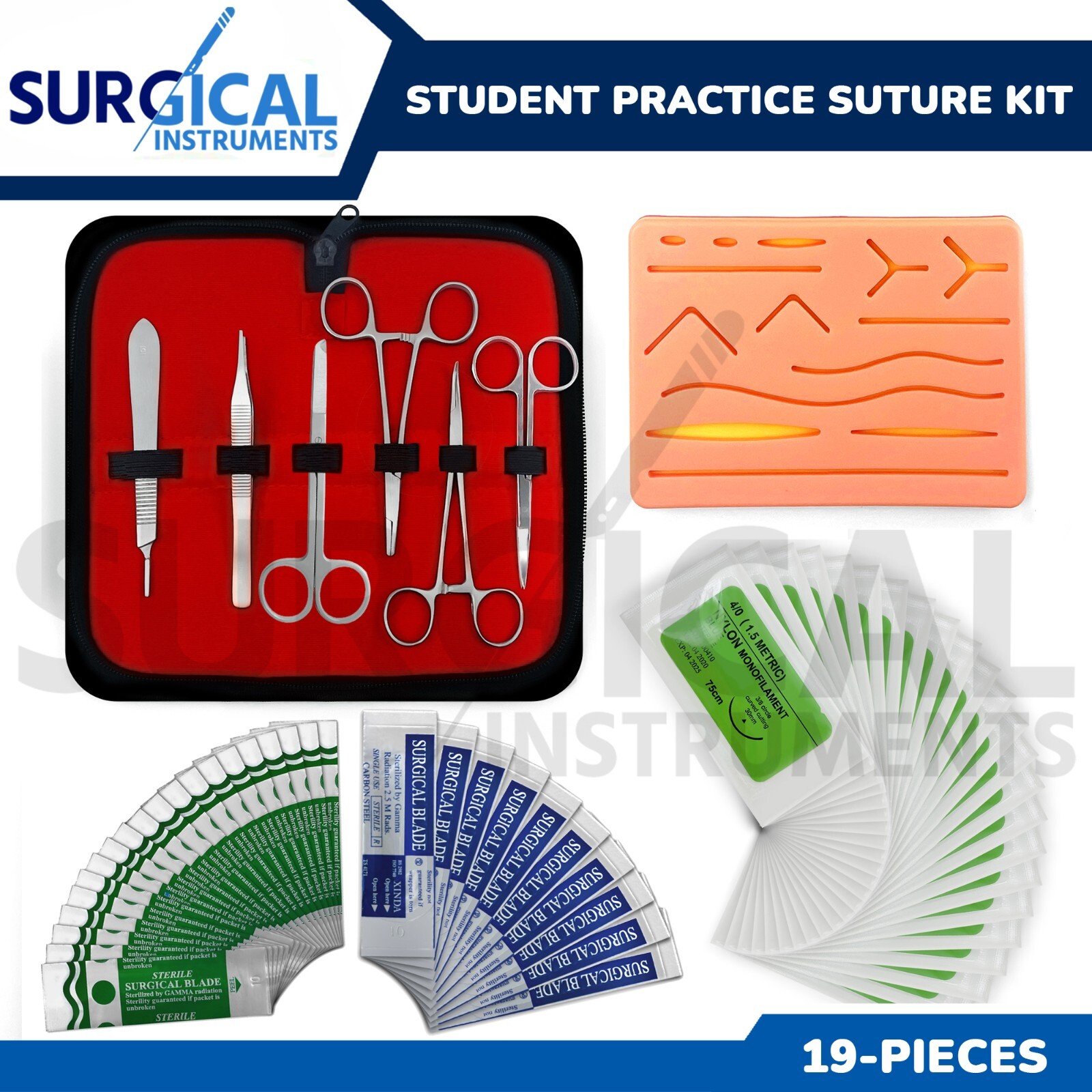 19 Piece Practice Suture Kit Set for Medical and Veterinary Student Training