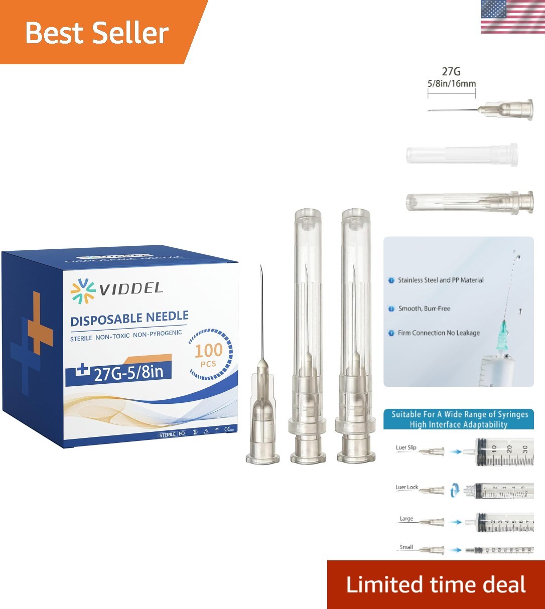 100 Pack 27G 5/8 Inch Luer Lock Syringes for Scientific Applications