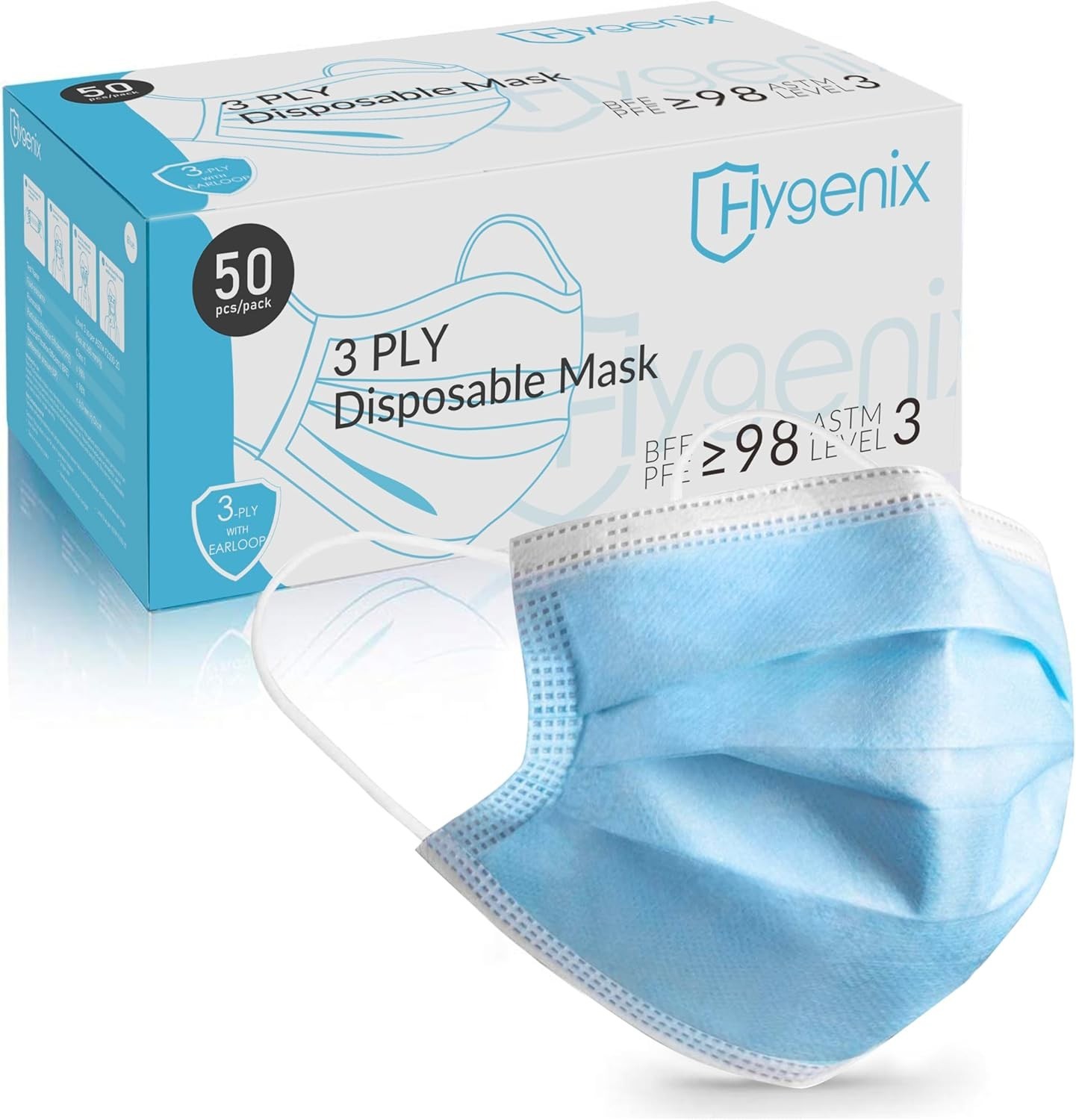 Level 3 3Ply Disposable Face Masks – 50 Pack with ≥98% Filtration, Fluid Resi…