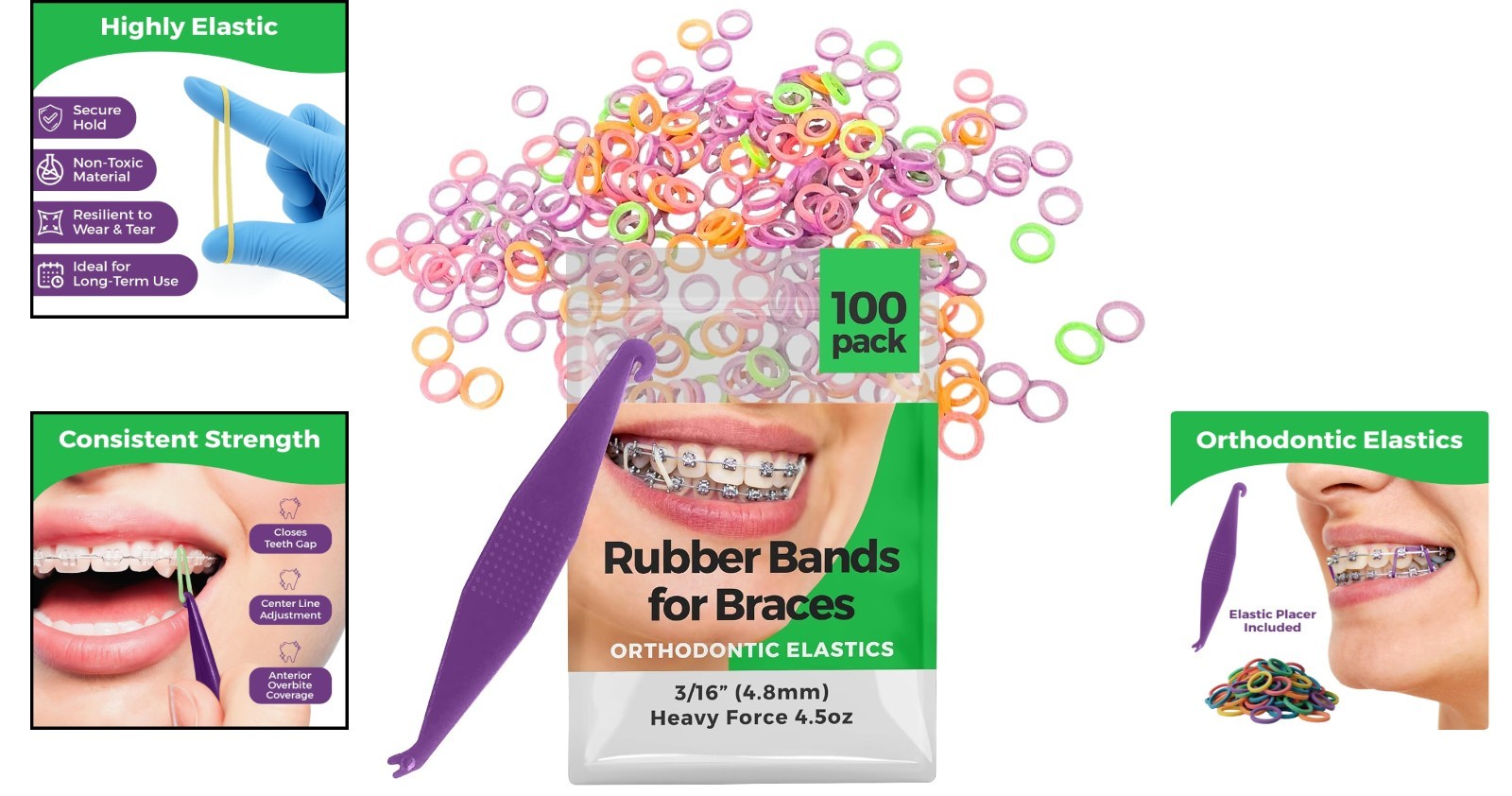 Heavy Force Neon Orthodontic Rubber Bands 100 Pack for Braces