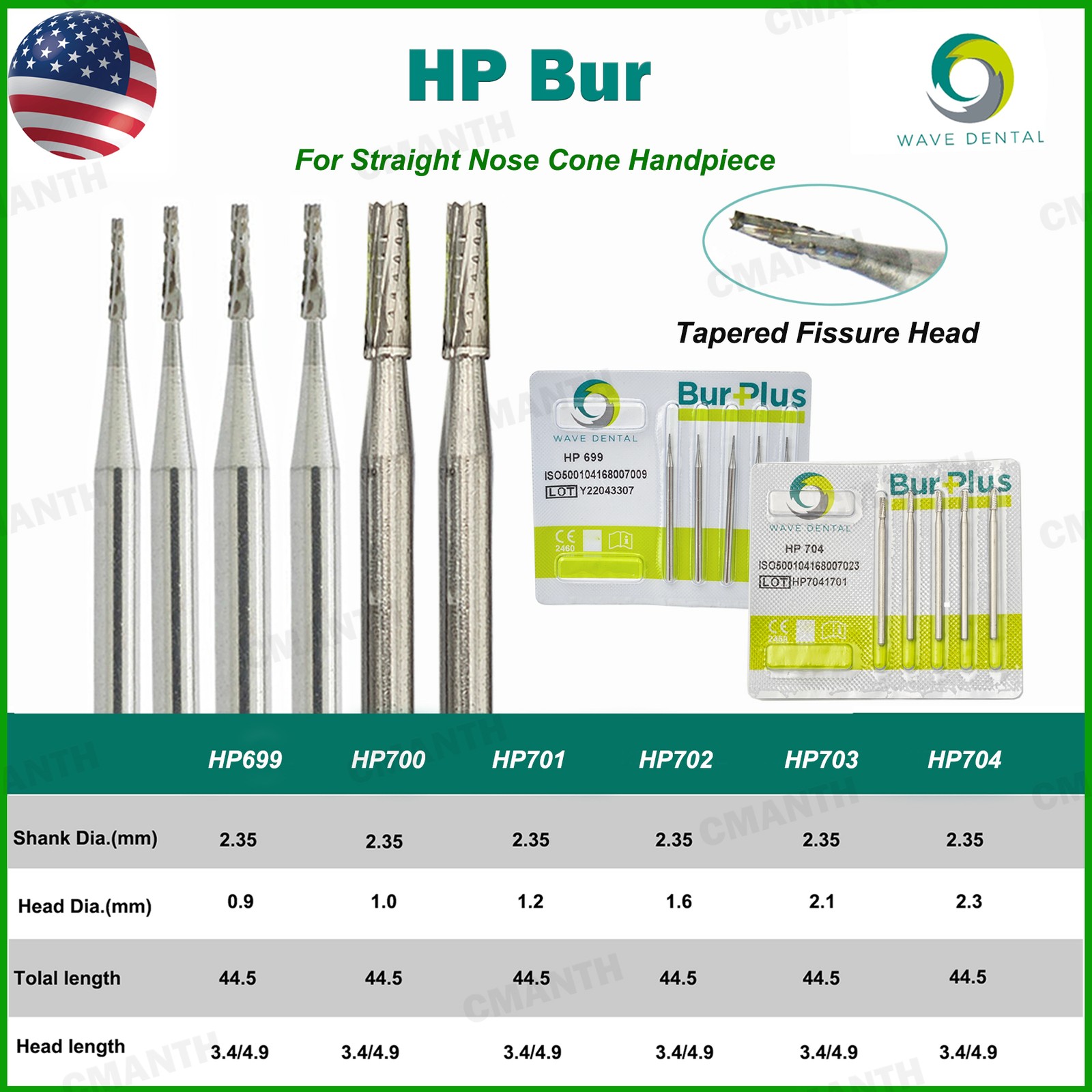 US WAVE Dental Carbide Burs HP Tapered Fissere Fit Low Speed Straight Handpiece