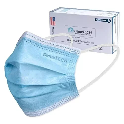 DEMETECH ASTM Level 3, Box of 50, 3 Layer Face Mask W/Ear Loops, Made in USA