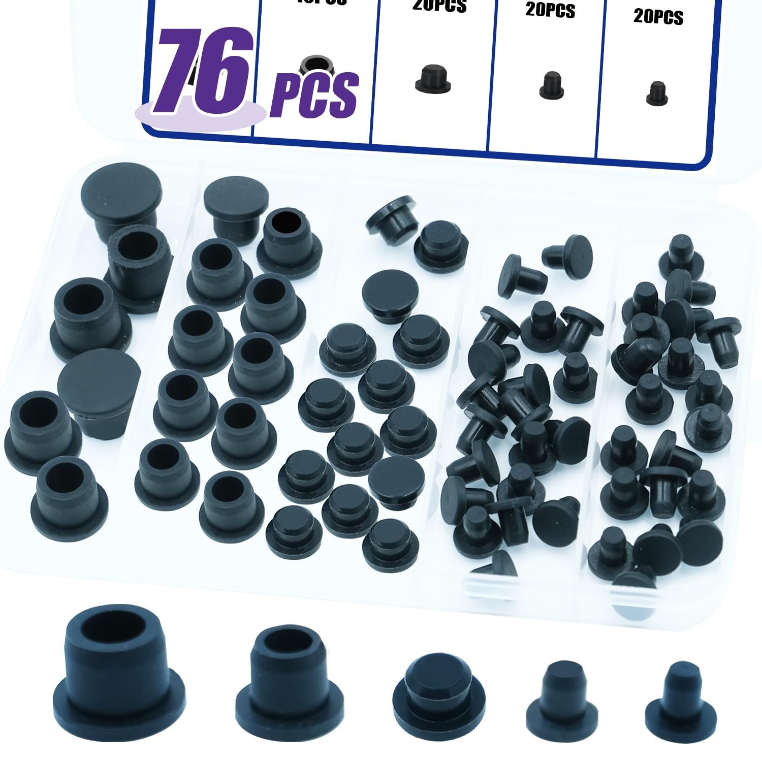 76PCS Black Hole Plugs Silicone Stoppers Assortment Kit Small Rubber Plugs fo…