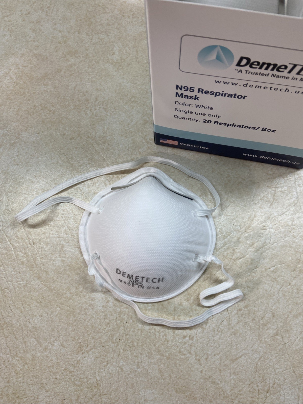 DEMETECH N95 Respirator Face Mask, NIOSH Approved, Made in the USA, Pack of 20