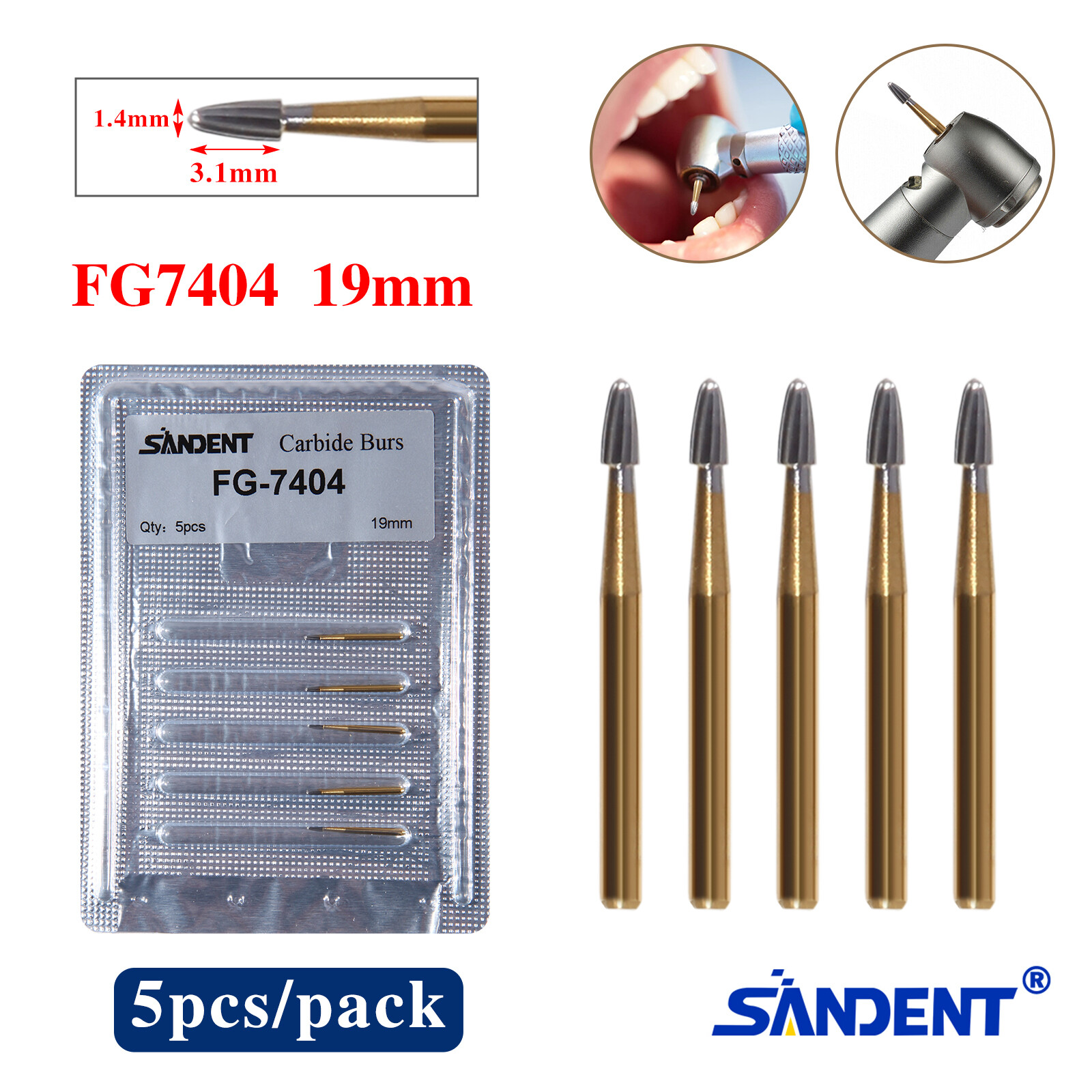 Dental Trimming+Finishing Carbide Burs Egg Shape Football Gold FG7404/7406/7408
