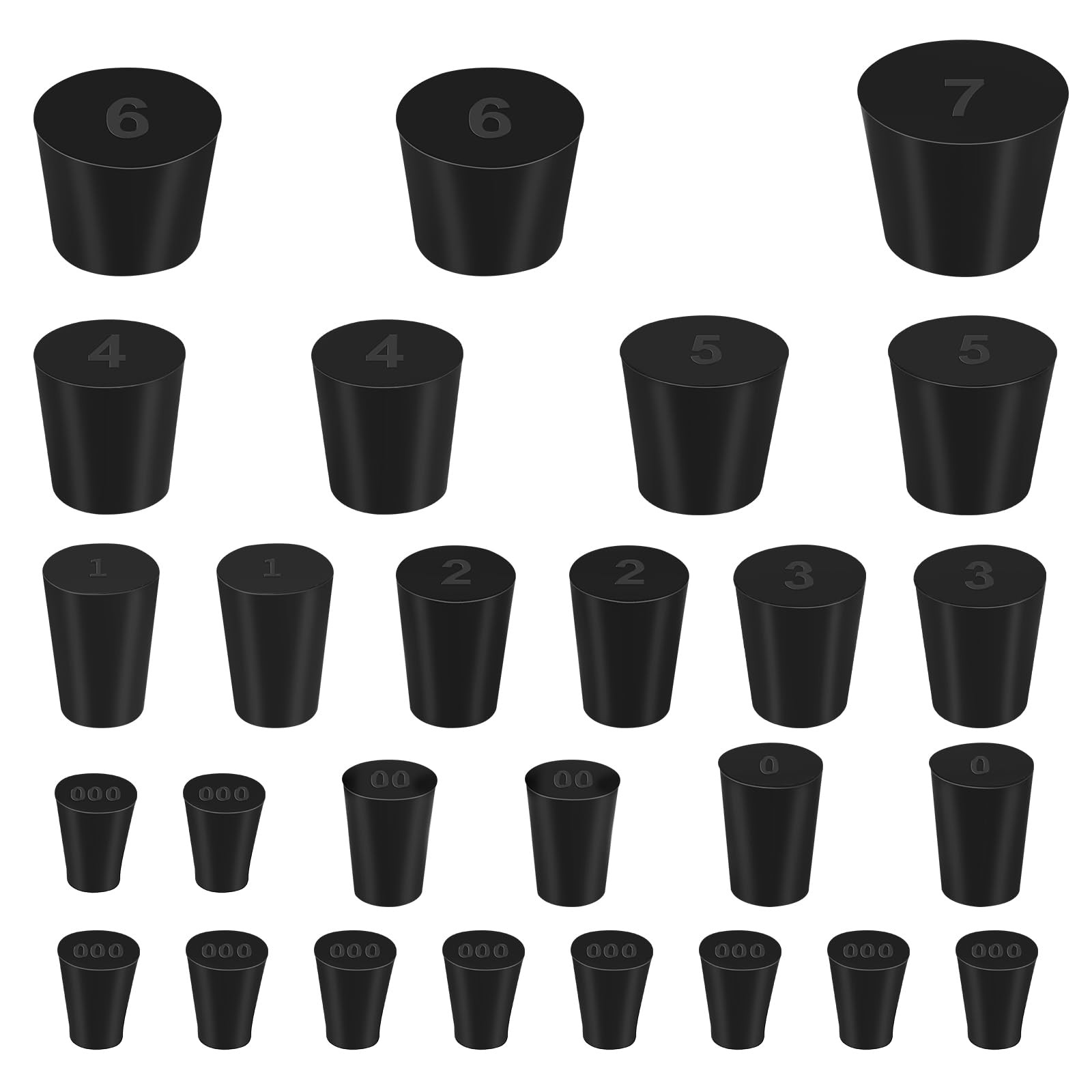 27 Pack (10 Assorted Sizes) 000# – 7# Tapered Lab Bungs Solid Rubber Black