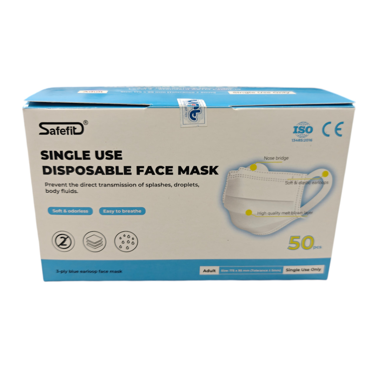 2500 Count Case – Safefit 3 Ply Disposable Face Masks Non Medical Adult 175x95mm