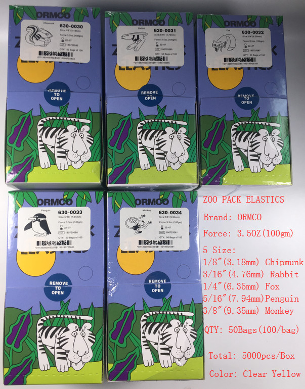 ORMCO Zoo Pack Elastics Dental Clear Yellow 5000/Box 3.5OZ 1/8 3/16 1/4 5/16 3/8