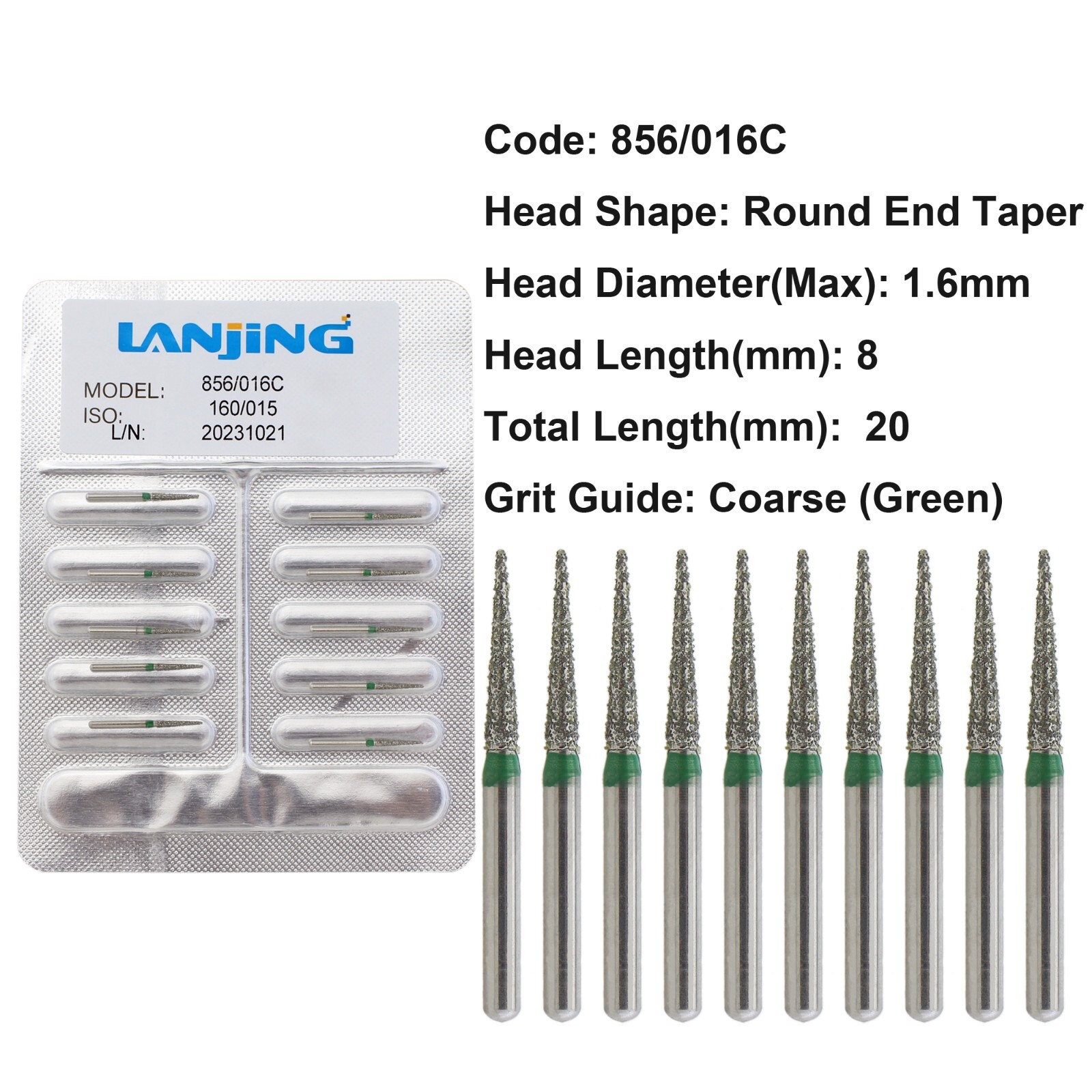 Dental Diamond Burs FG 856/016C Round End Taper High Speed Bur Coarse Grit Green