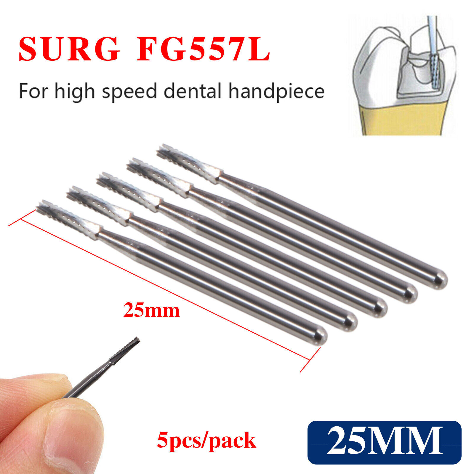 5 boxes Carbide Surgical Burs FG 557L SURG 25mm Bur for High Dental Handpiece US