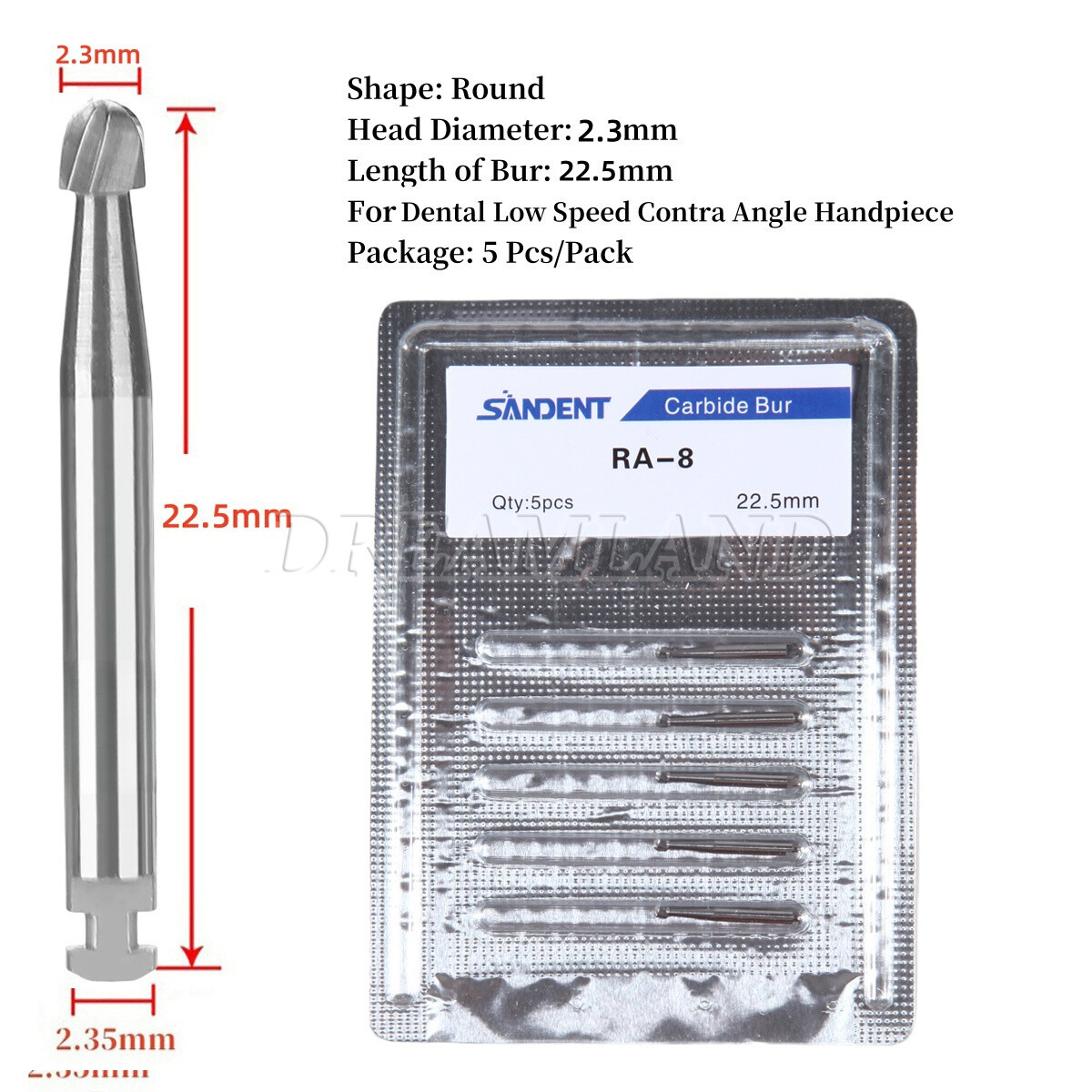 5 Pcs/Pack Dental 22.5mm Round Carbide Bur Slow Speed Latch Type RA8 Burs USA