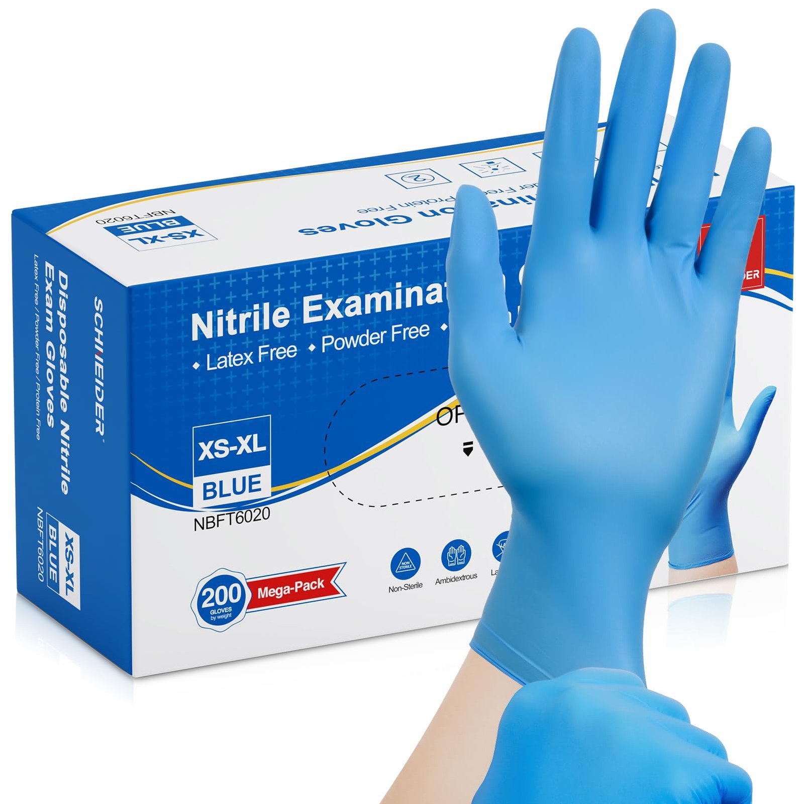 Schneider Nitrile Exam Gloves – L, 200-ct Box,Blue, Latex Free, Powder Free,