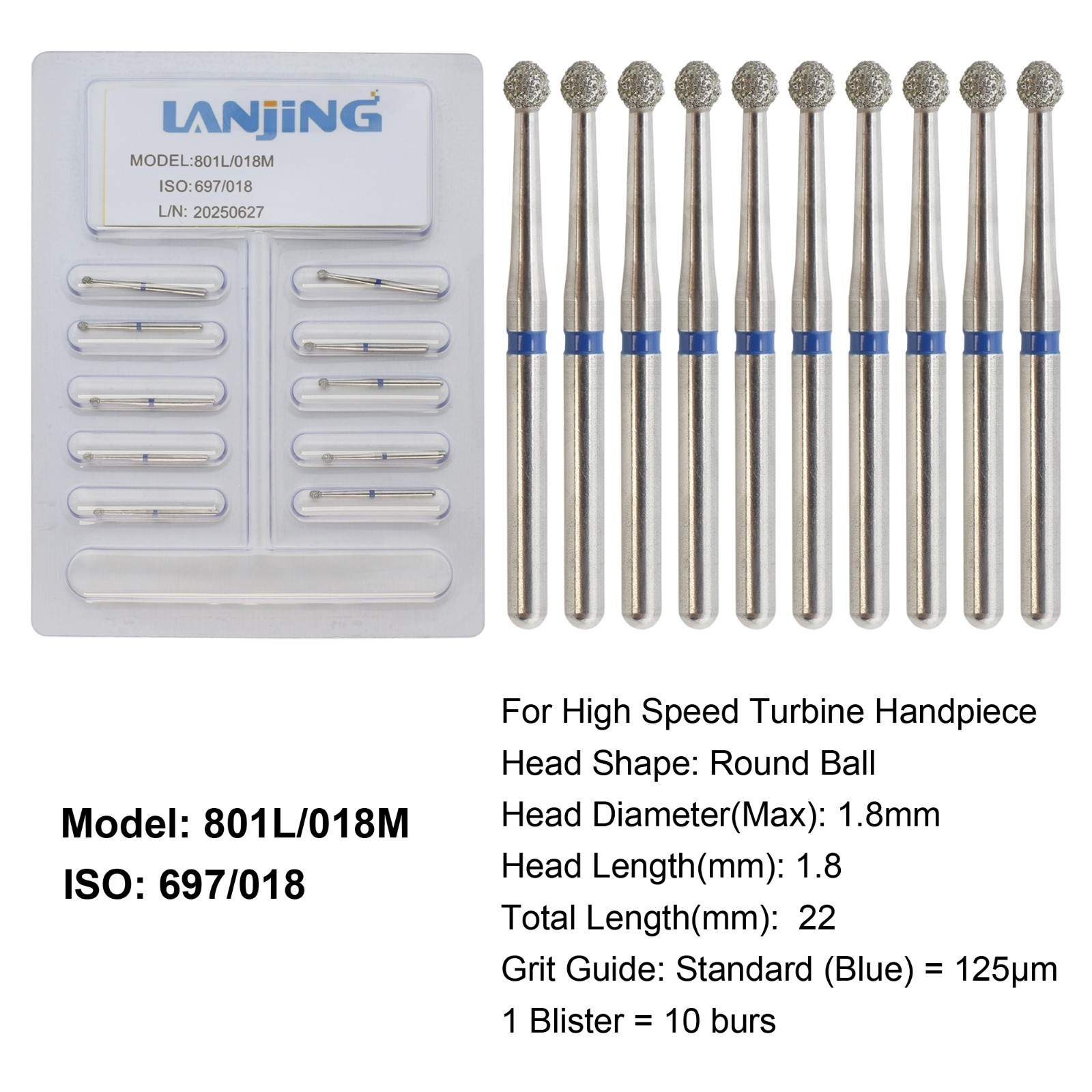 Dental Round Diamond Bur FG Long Shank Surgical Diamond Burs High Speed 801L