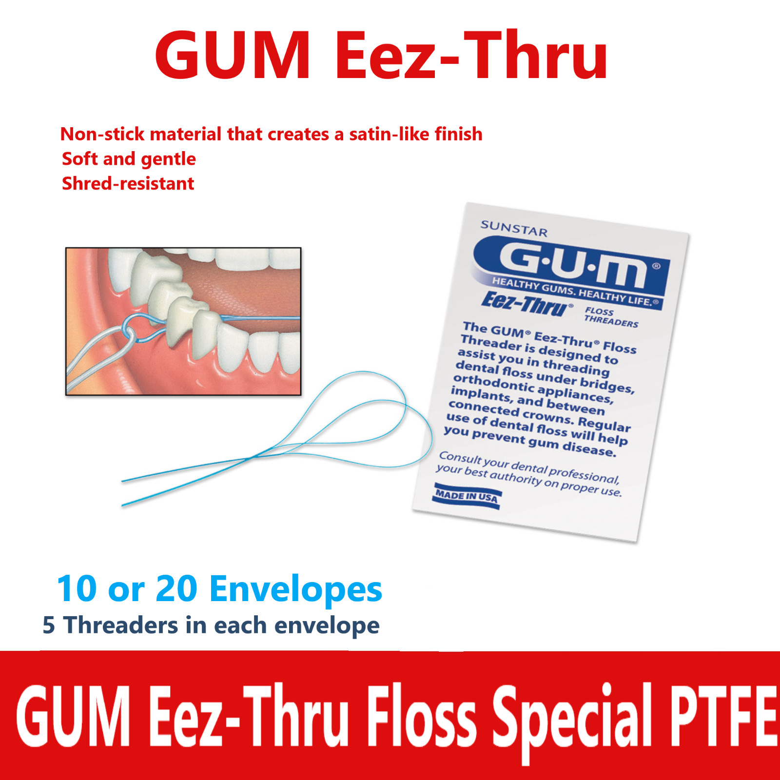 Sunstar GUM 840 Eez-thru floss threaders – 10 or 20 pack of 5 each – BEST DEALl!