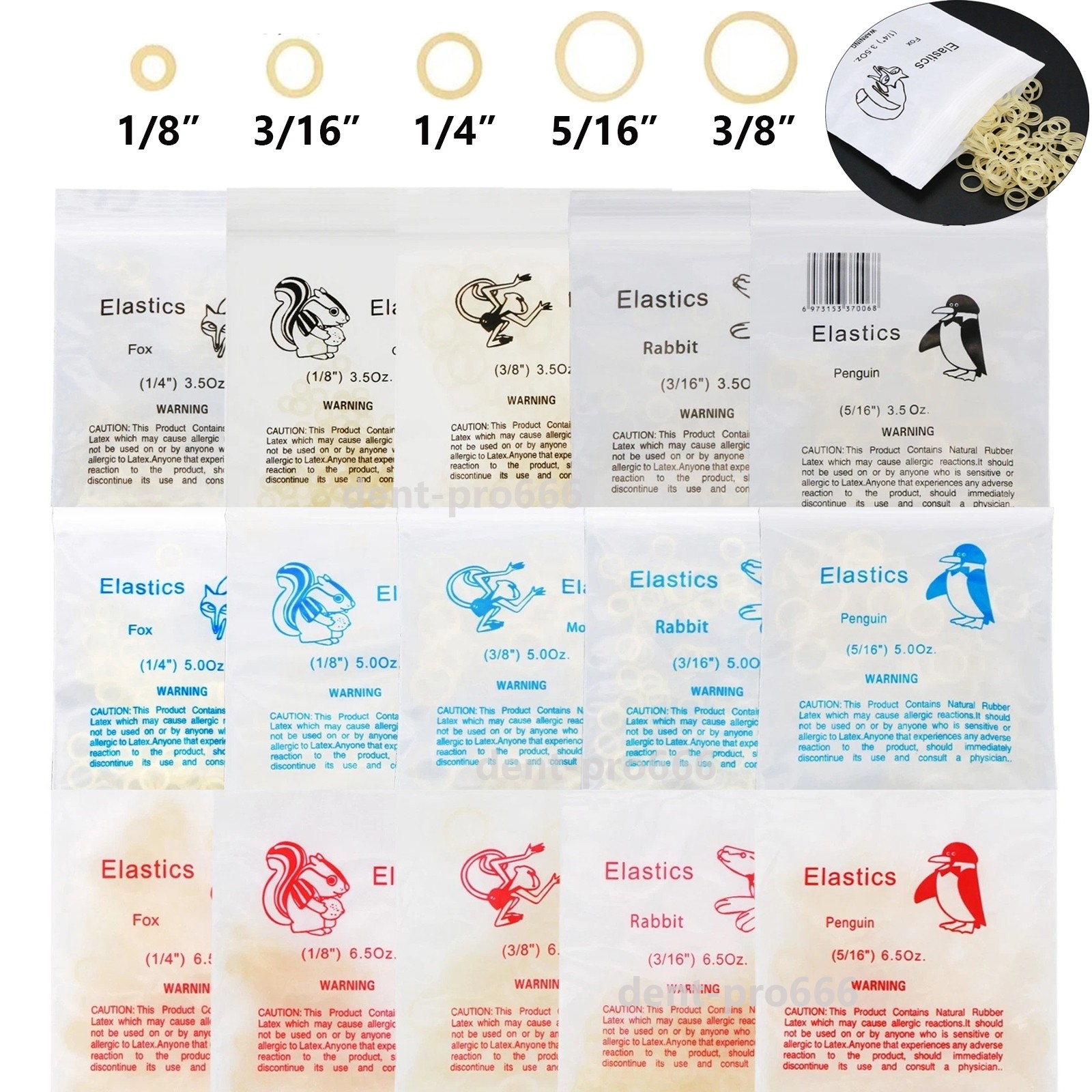 5000pcs Dental Ortho Elastic Rubber Bands Zoo Pack Latex Braces 3.5/5.0/6.5 OZ