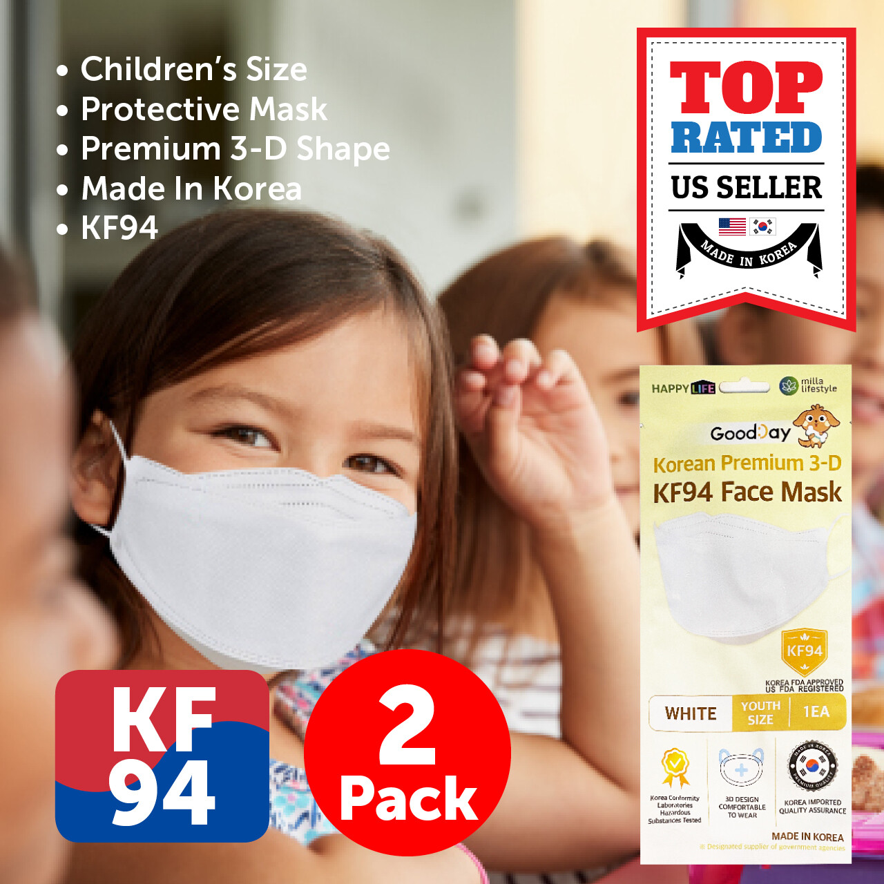 2 Pack KF94 WHITE Protective Face Mask Kids Children Made in Korea KFDA Approved