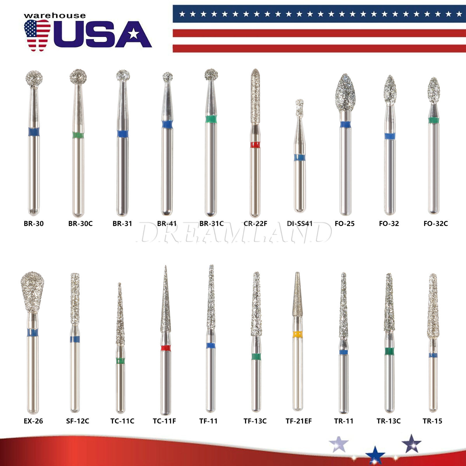 100 Diamond Dental Dentist Bur Bits Drill FG 1.6mm USA STOCK fixed 20 types USA
