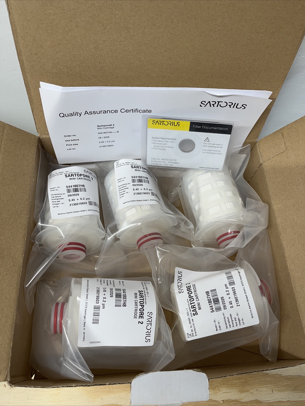 5x Sartorius Stedim Sartopore 2 Mini Cartridge 5441807H8 0.45+0.2 micron 09/2026