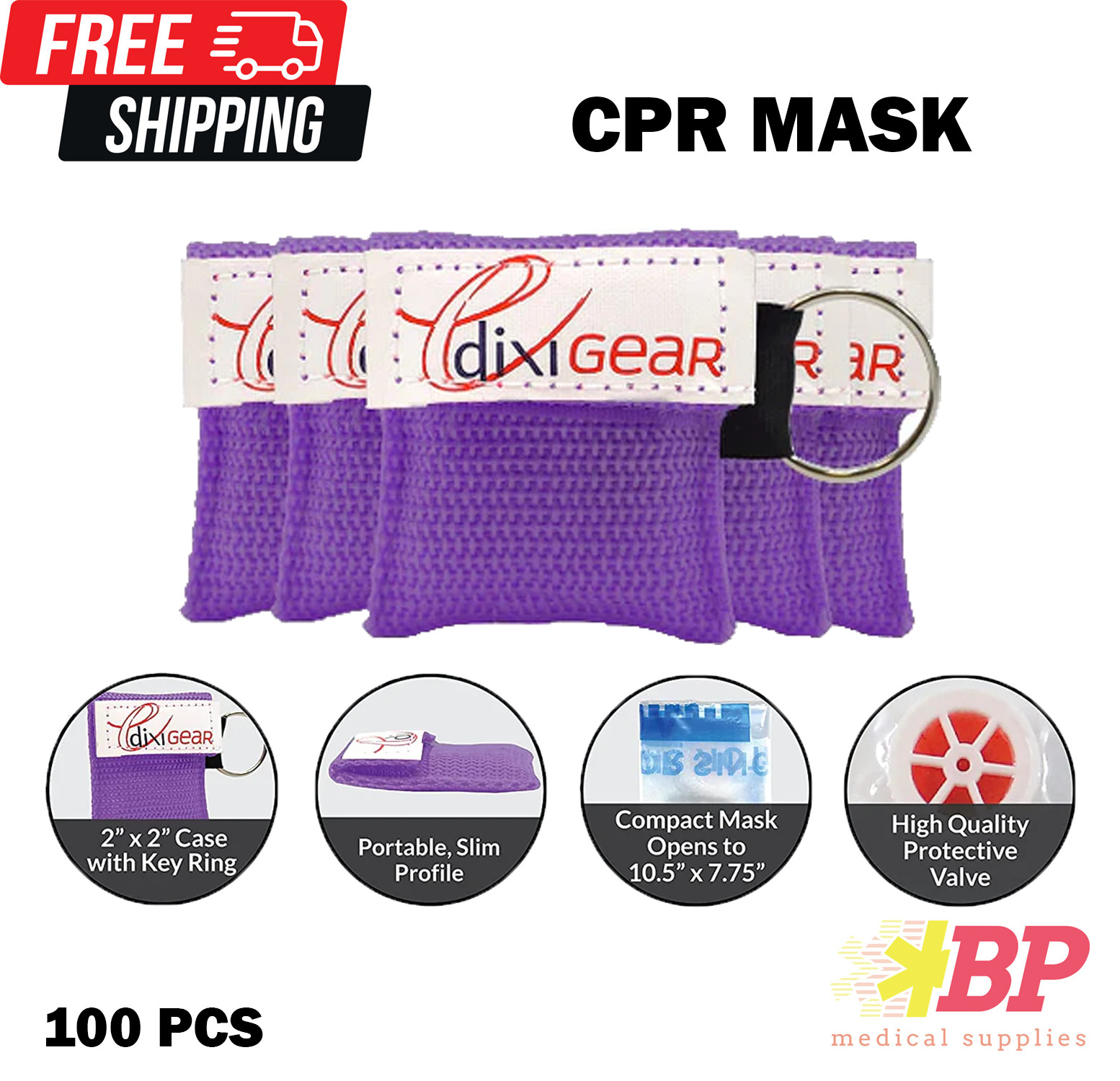Ever Ready CPR Mask with Keychain Face Shield Key Chain PURPLE – 100 PACK