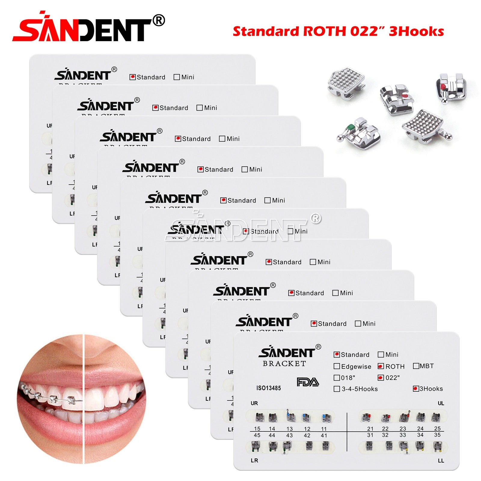 Dental Metal Brackets bracket braces Standard MBT/Roth 022/018 Hooks 3/345 USA
