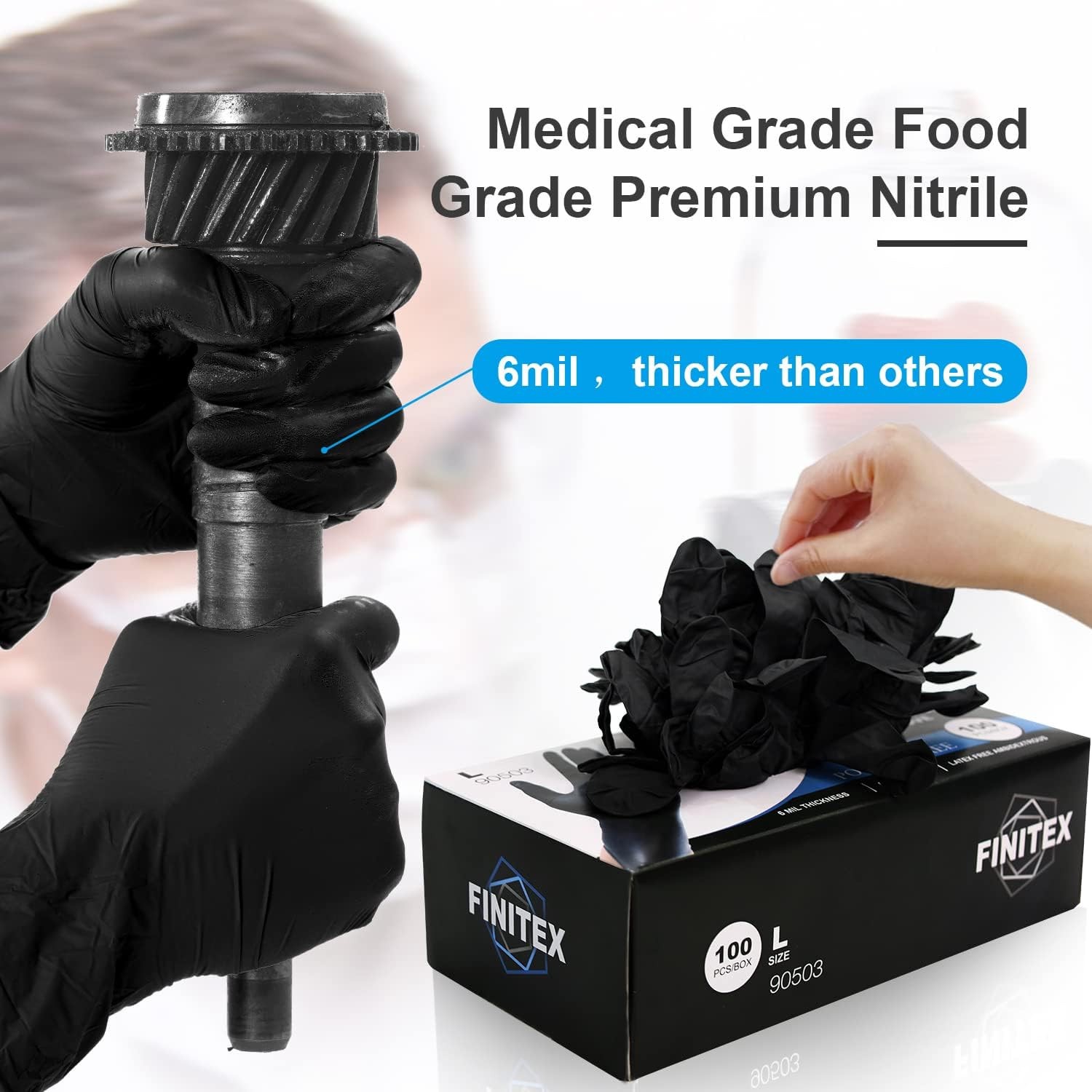 FINITEX Black Nitrile Disposable Medical Exam Gloves – 100/1000 PCS 6.3mil Po…