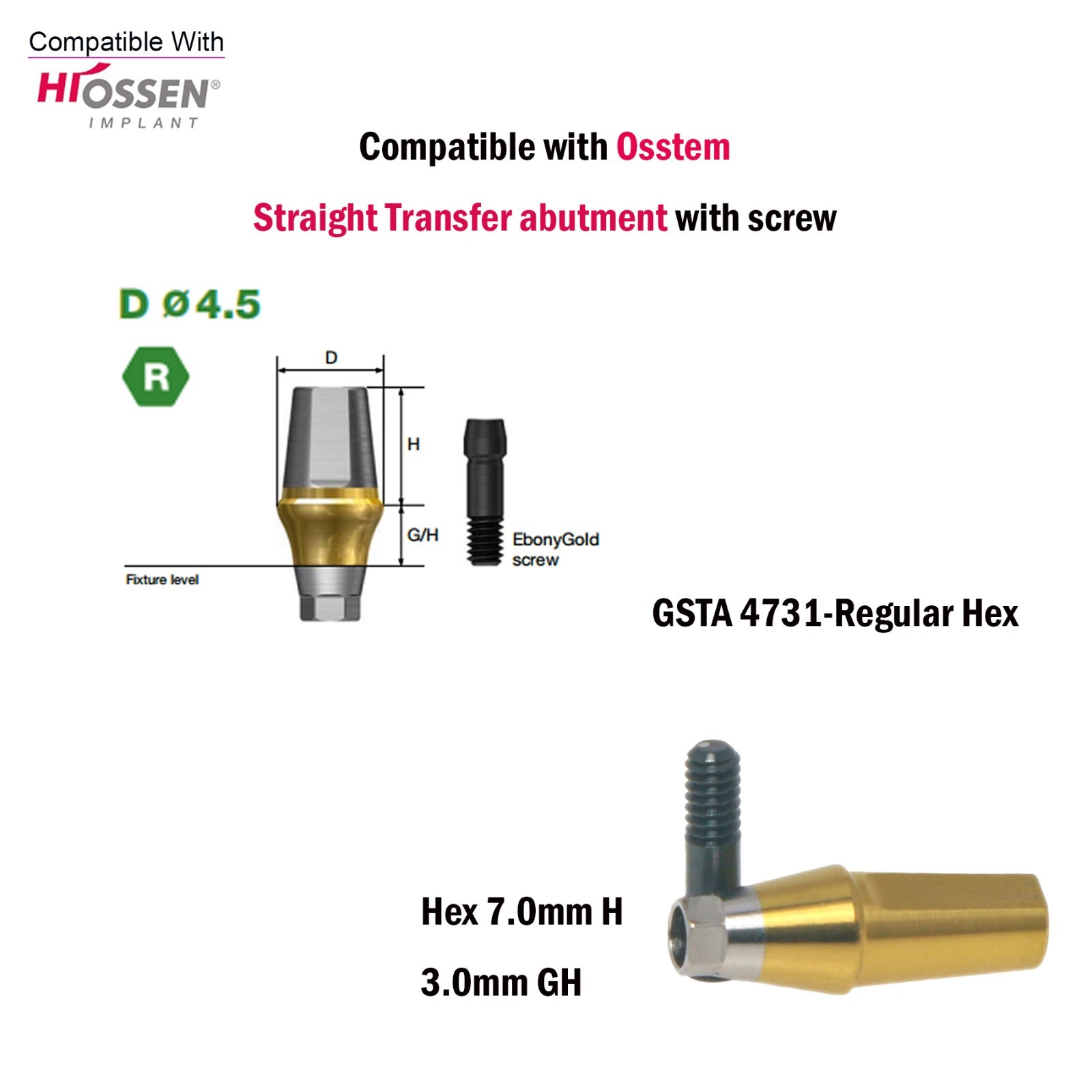 US Dental Straight Transfer Abutment Hex Regular Ø4.5For Osstem Hiossen TS 1-5mm