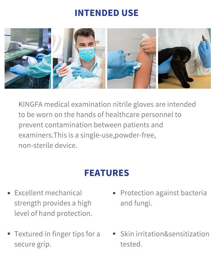 Kingfa Blue Nitrile Medical Gloves FDA Powder & Latex Free Disposable 3 mil