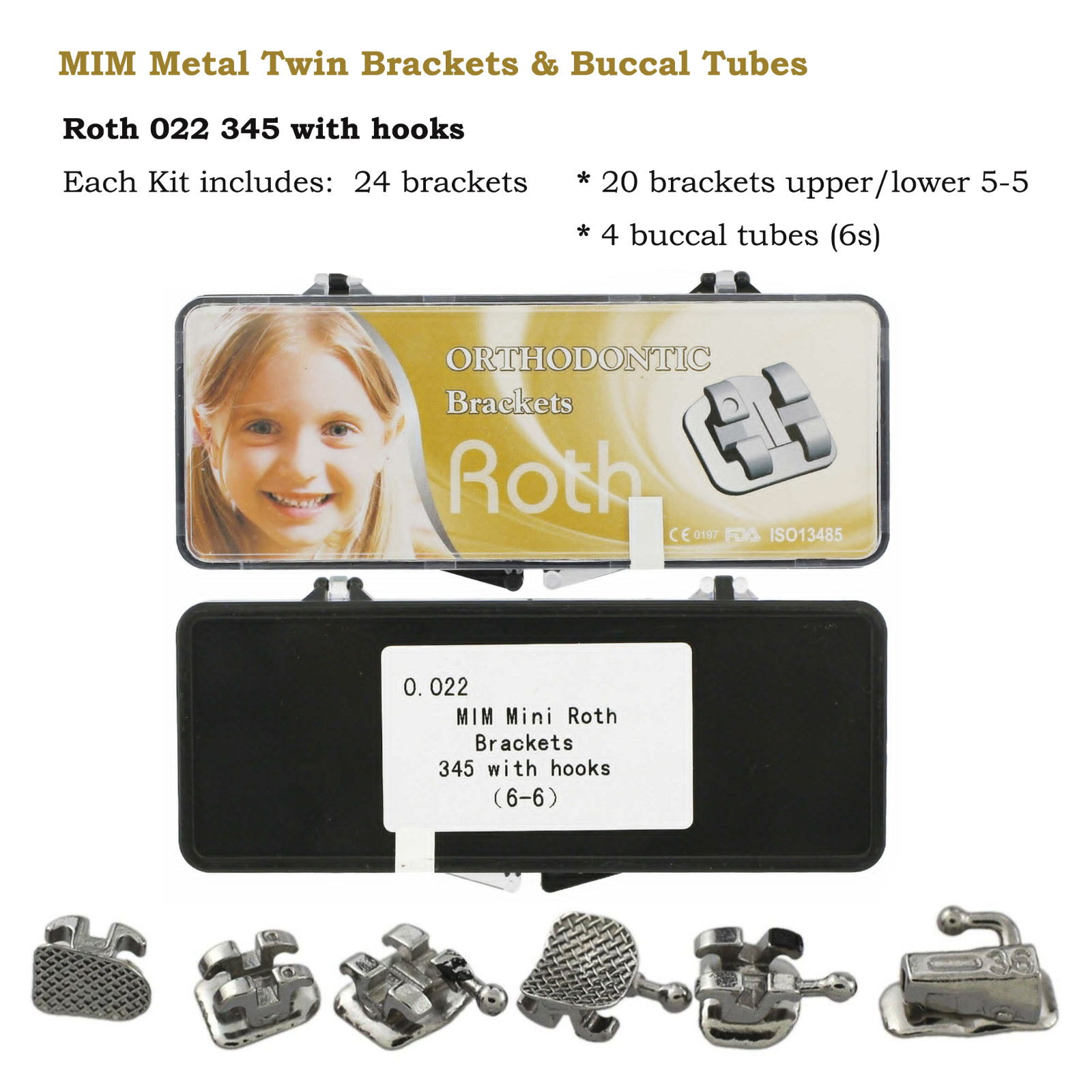 Dental Mini Brackets Orthodontic Braces Metal Roth MBT 022 3 / 345 Hooks 6-6 MIM