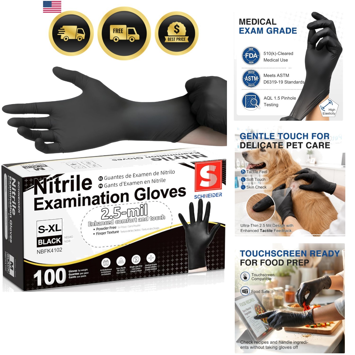 Black Nitrile Gloves, Powder Free, Disposable Gloves Latex Free for Medical E…