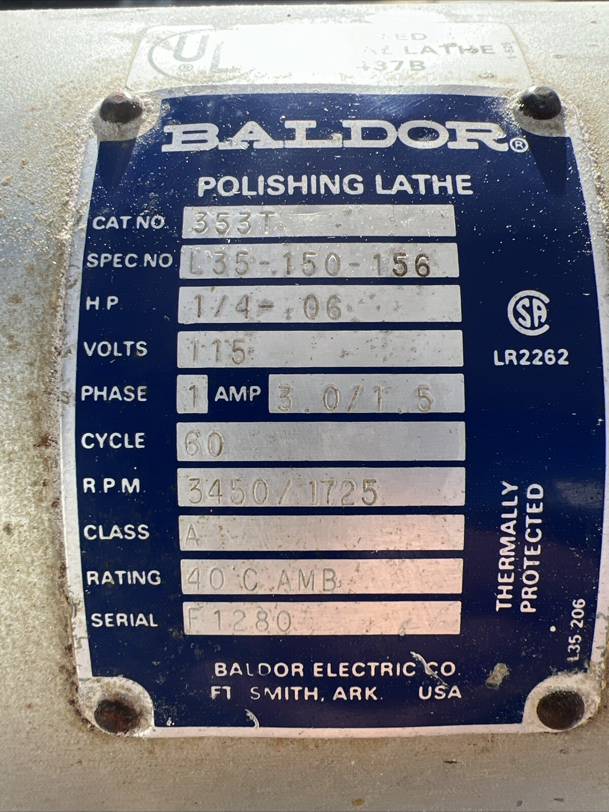 Baldor 437B Dental Polishing Lathe Two Speed 1/4 HP Cat. No. 353T 3450 /1725 RPM