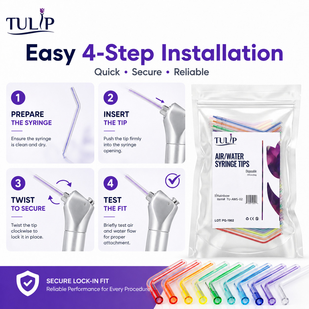 250 Disposable Dental Air Water Syringe Tips Rainbow Color Coded by Tulip