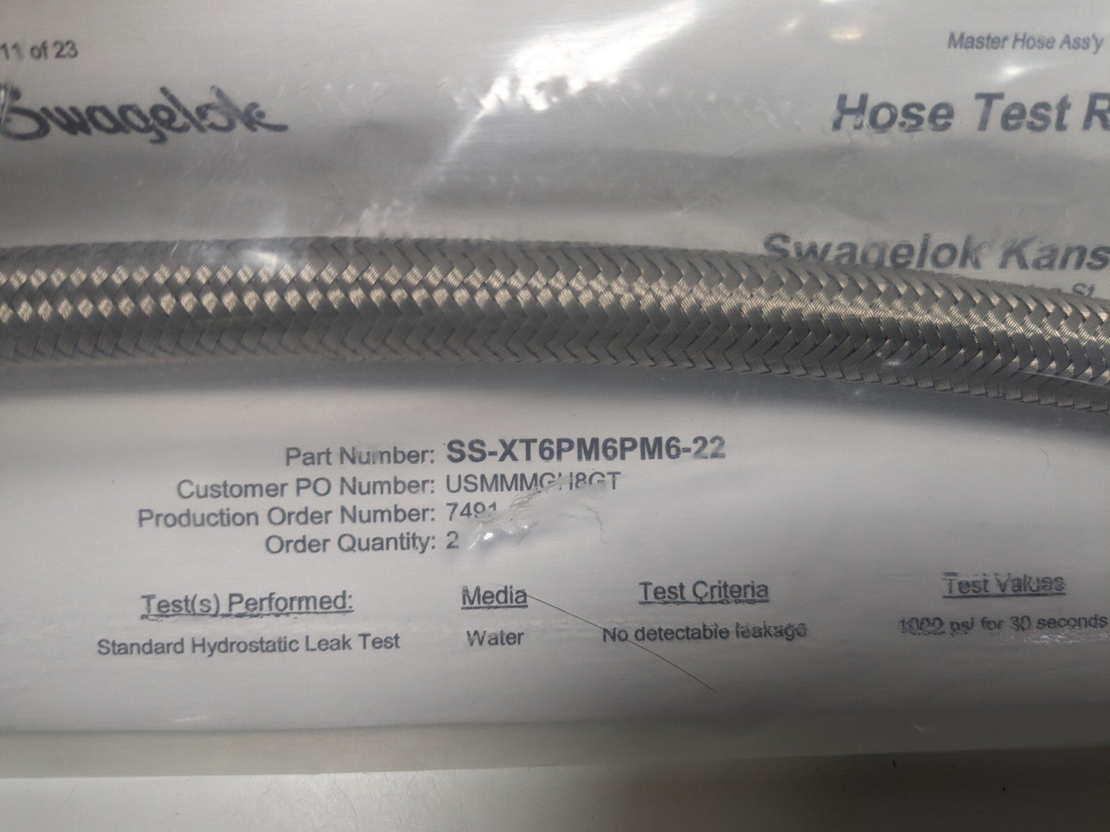 NEW SWAGELOK 22″ Long – 3/8″ MNPT PTFE Stainless Braided Hose SS-XT6PM6PM6-22 !!