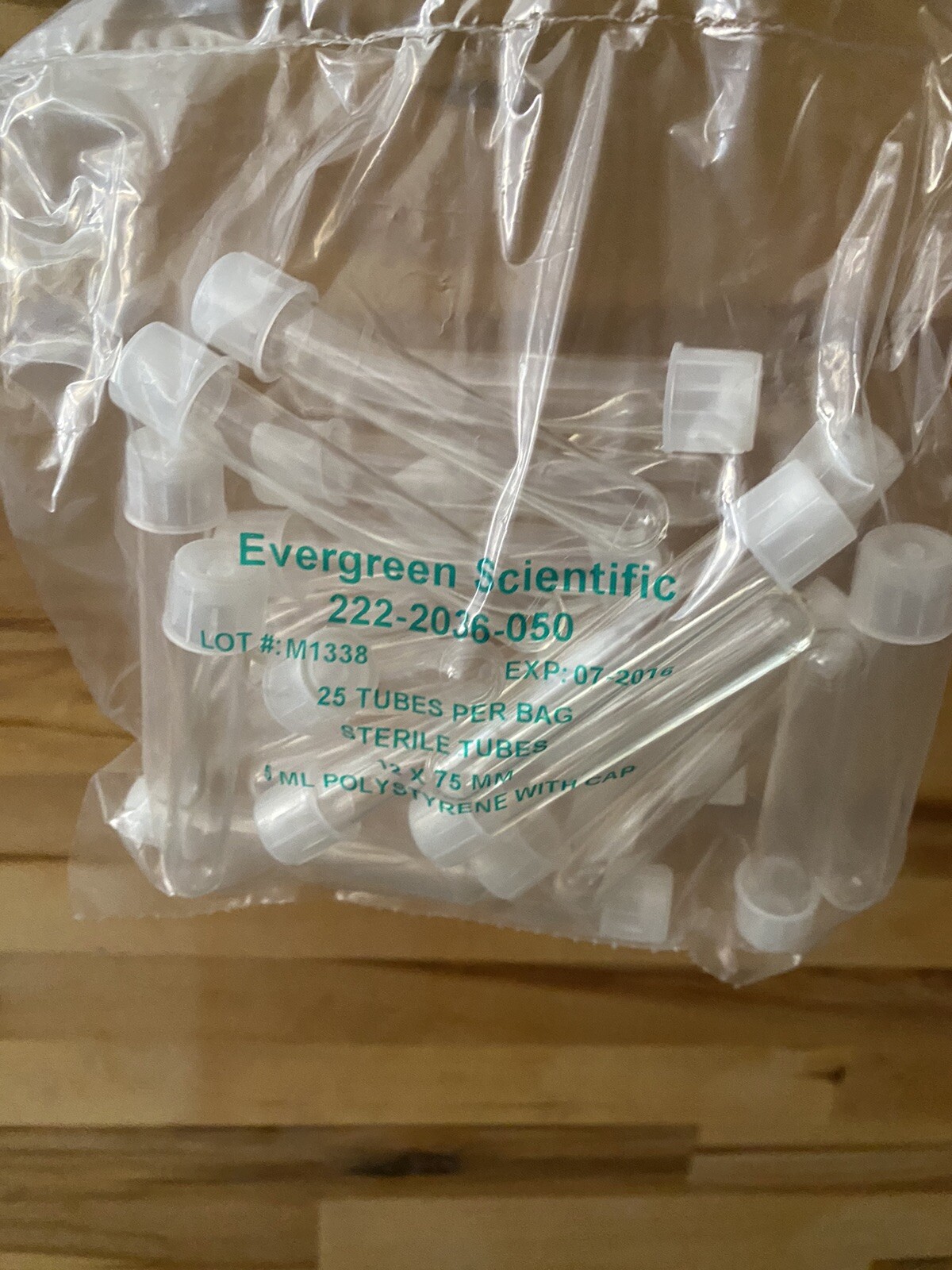 New 5 mL polystyrene culture tubes with caps, sterile, 25 tubes per bag, 12x75mm