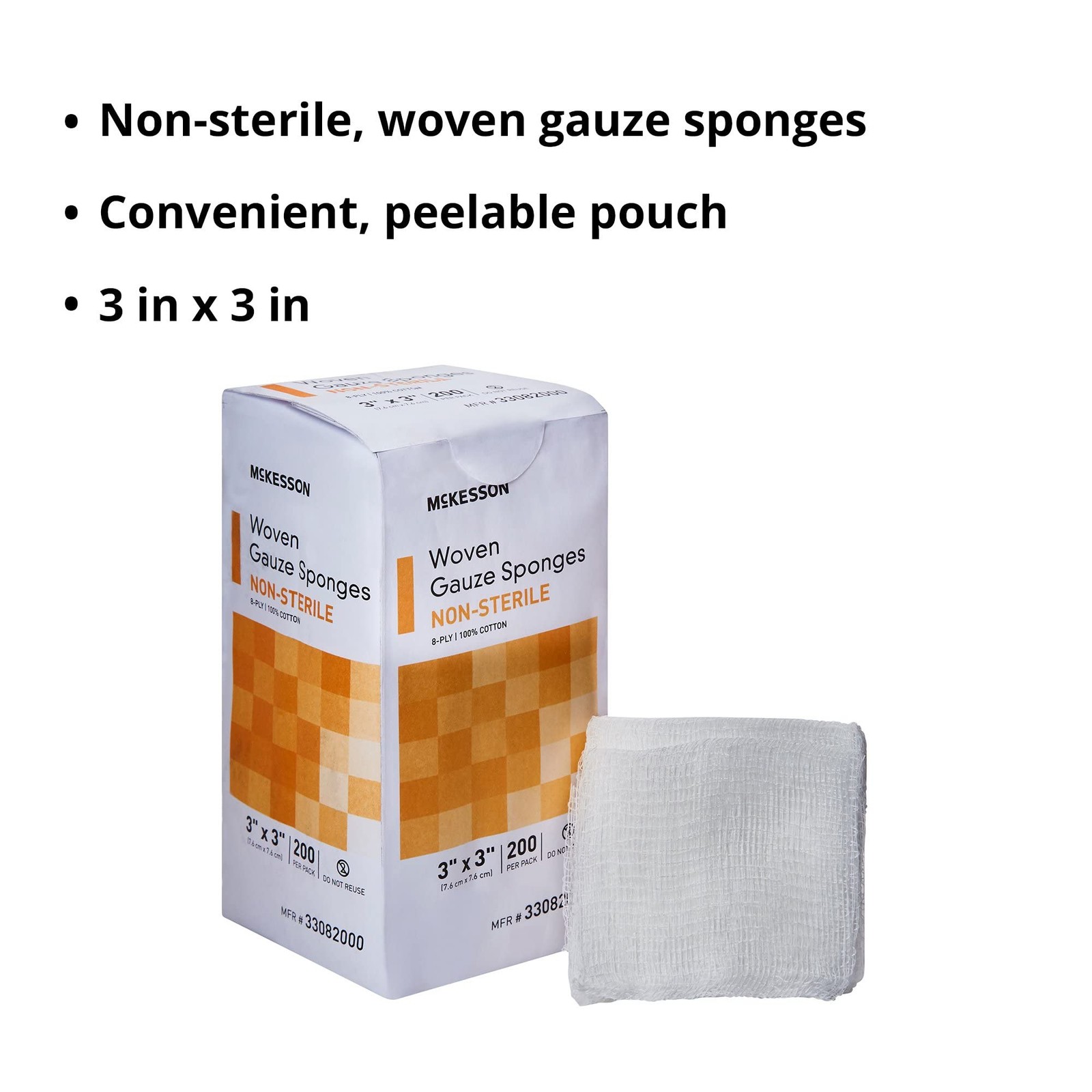 McKesson Woven Gauze Sponges, Non-Sterile, 8-Ply, 100% 3 x 3 Inch, White