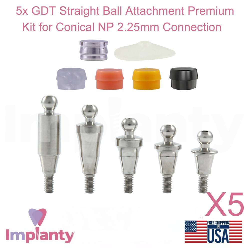 5x Dental Straight Ball Attachment Premium Kit Conical Connection NP 2.25mm