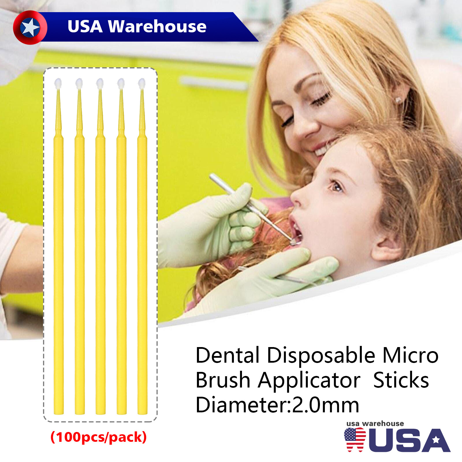 Dental Micro Applicator Brush Disposable Makeup Eyelash Brushes 2.0mm Yellow