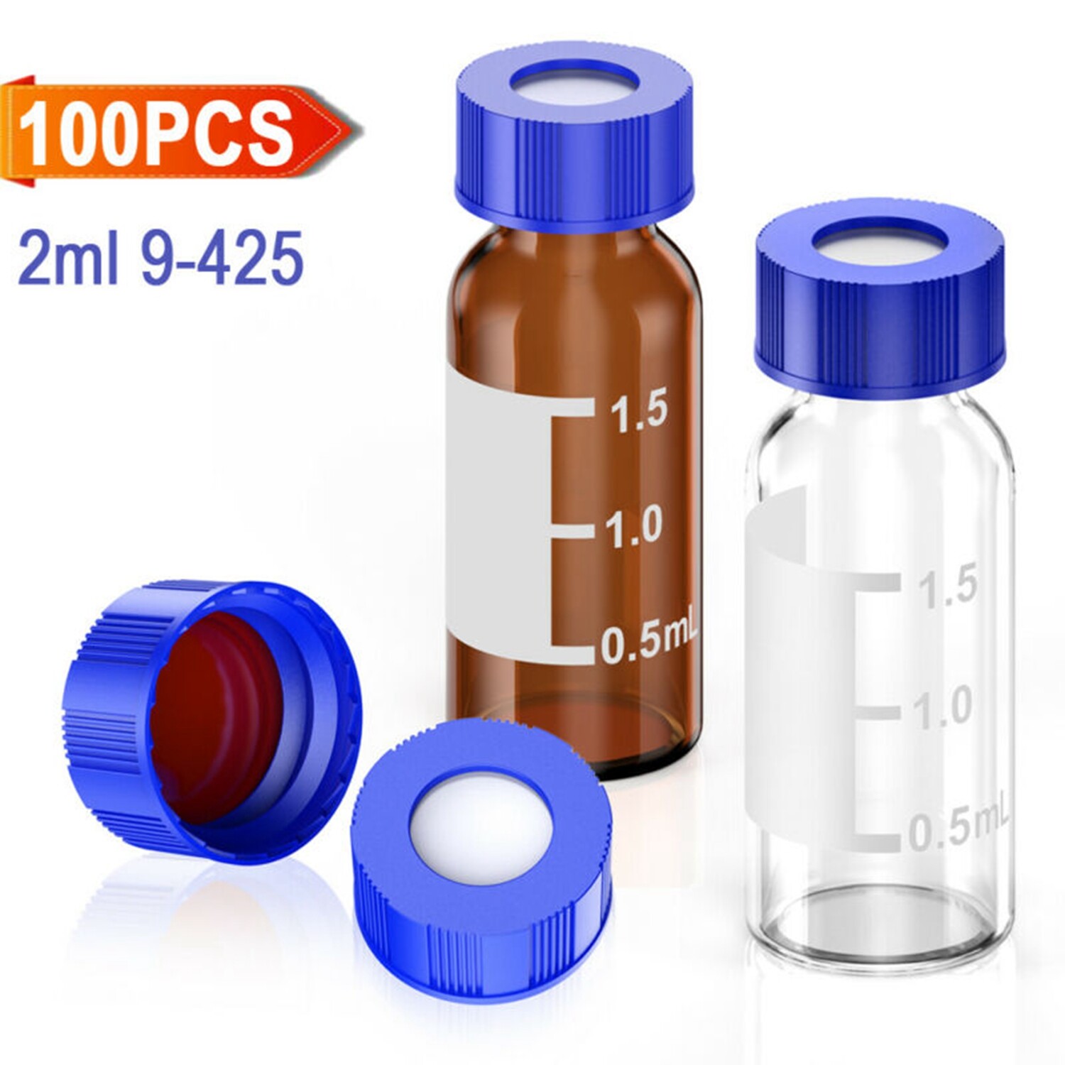 100PCS 2ml HPLC Autosampler Clear/Amber Vials 9-425 Screw Cap Vial Inserts 250uL
