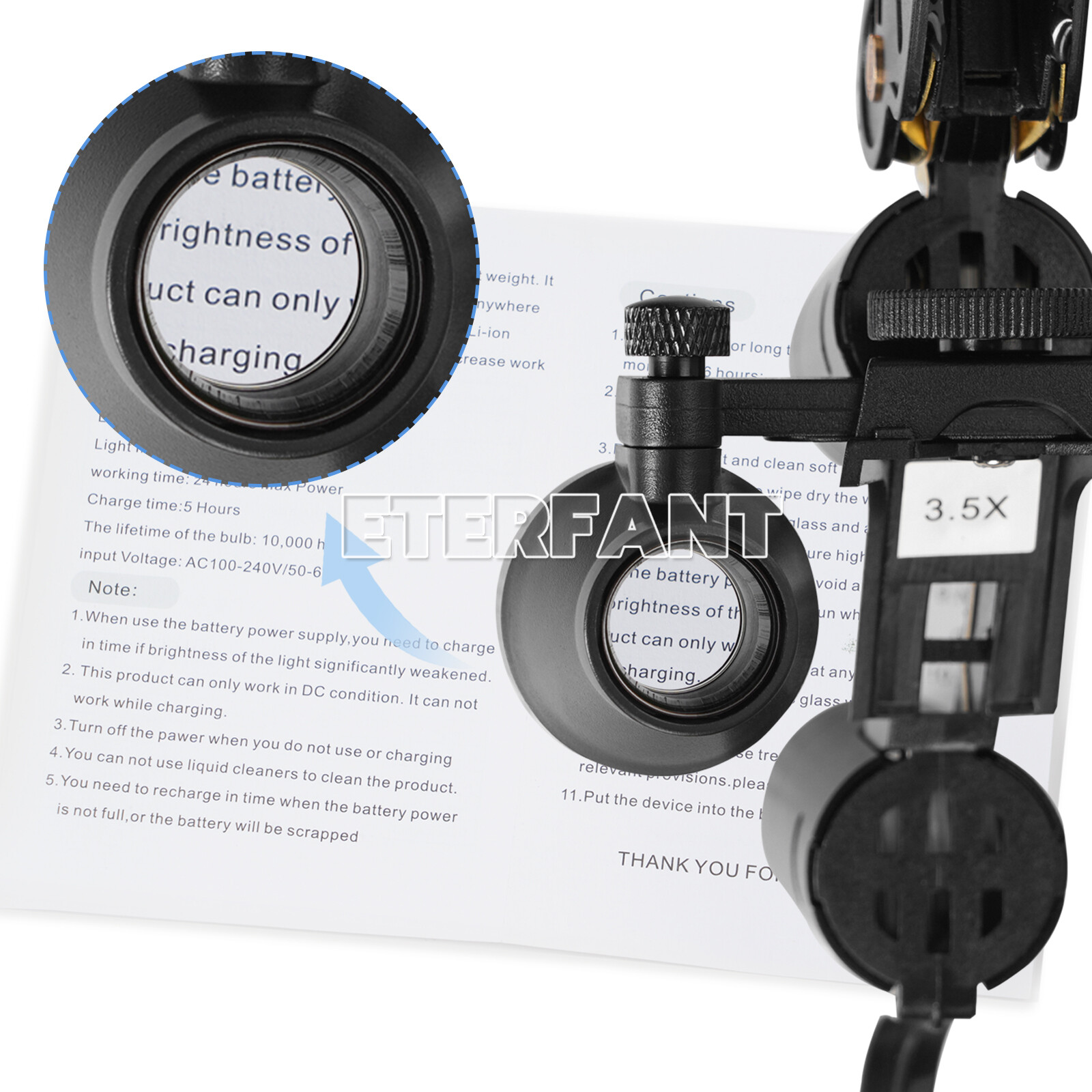 ETERFANT 3.5X Dental Surgical Headband Binocular Loupe w/5W LED Head Light 2 Led