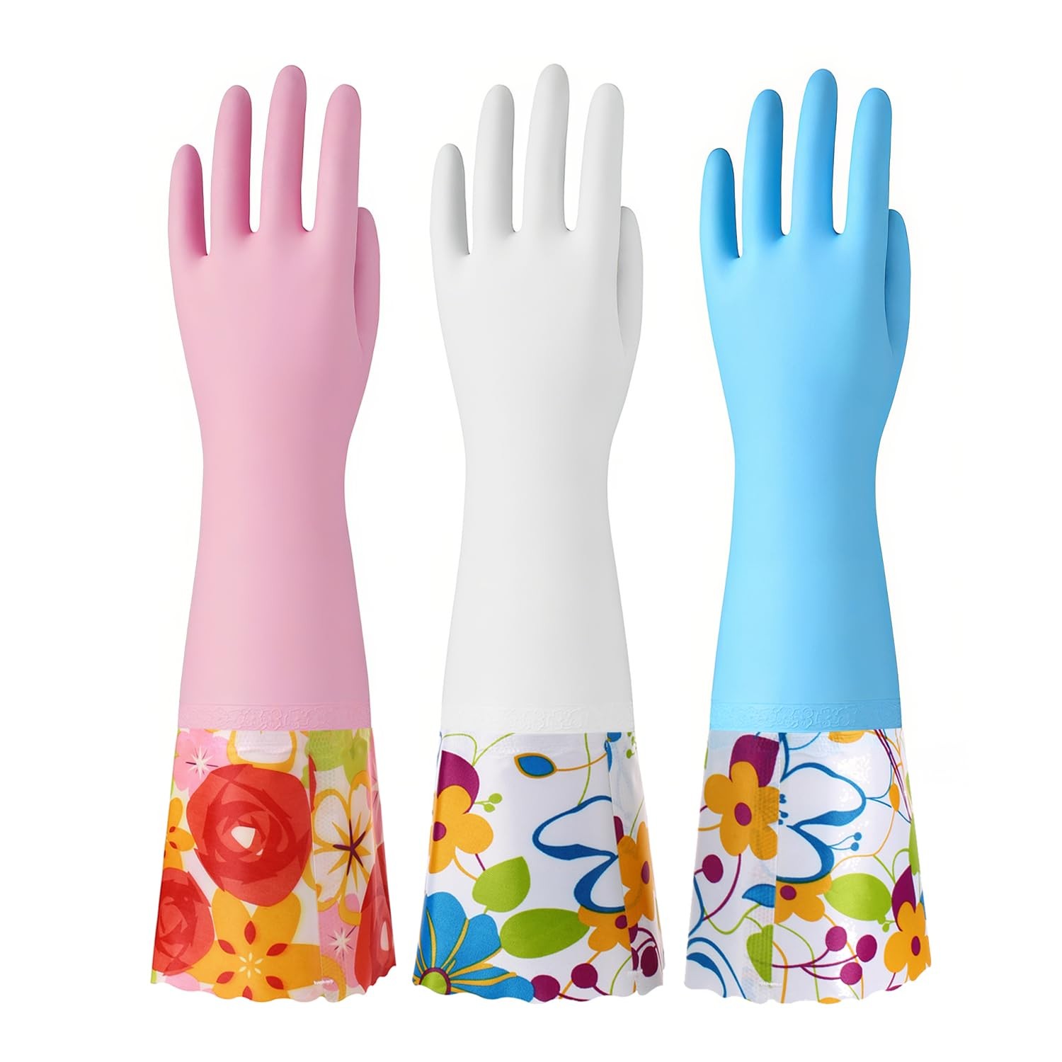 Rubber Cleaning Gloves, 3 Pairs, Long Cuff, Reusable, Non~Slip, Medium