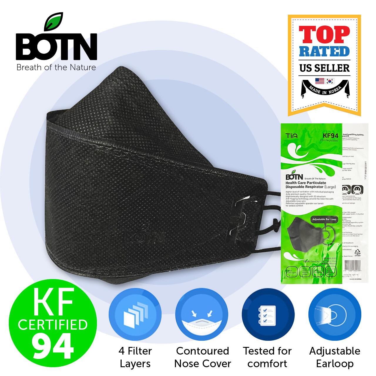 10 Pack BOTN KF94 BLACK Protective Face Mask Adult Made in Korea KFDA Approved